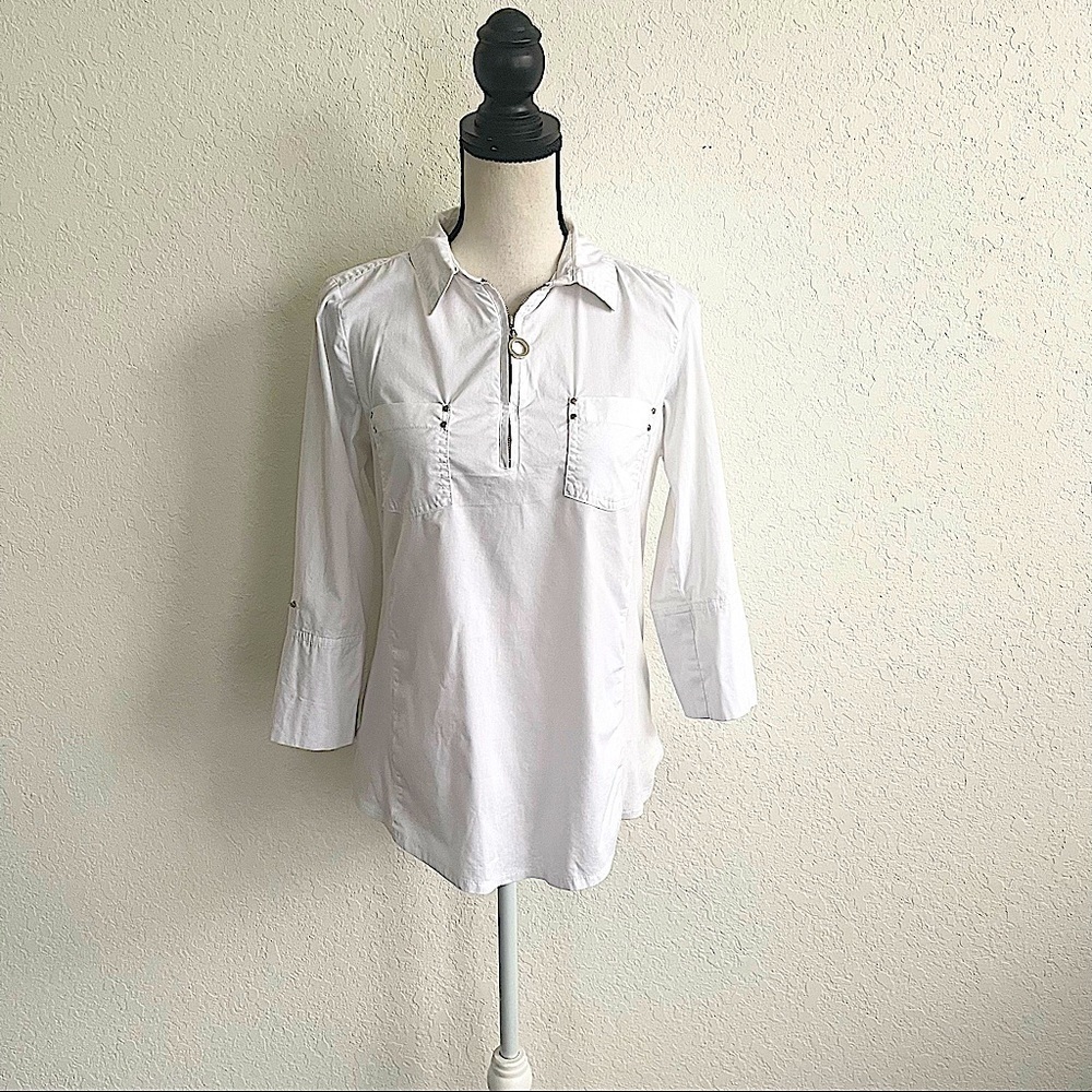 CATHY Women’s White 3/4 Sleeve 1/4 Zip Pullover Shirt Business Casual Size Small